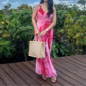 Stunning Pink Watercolor Ruffled Maxi Dress